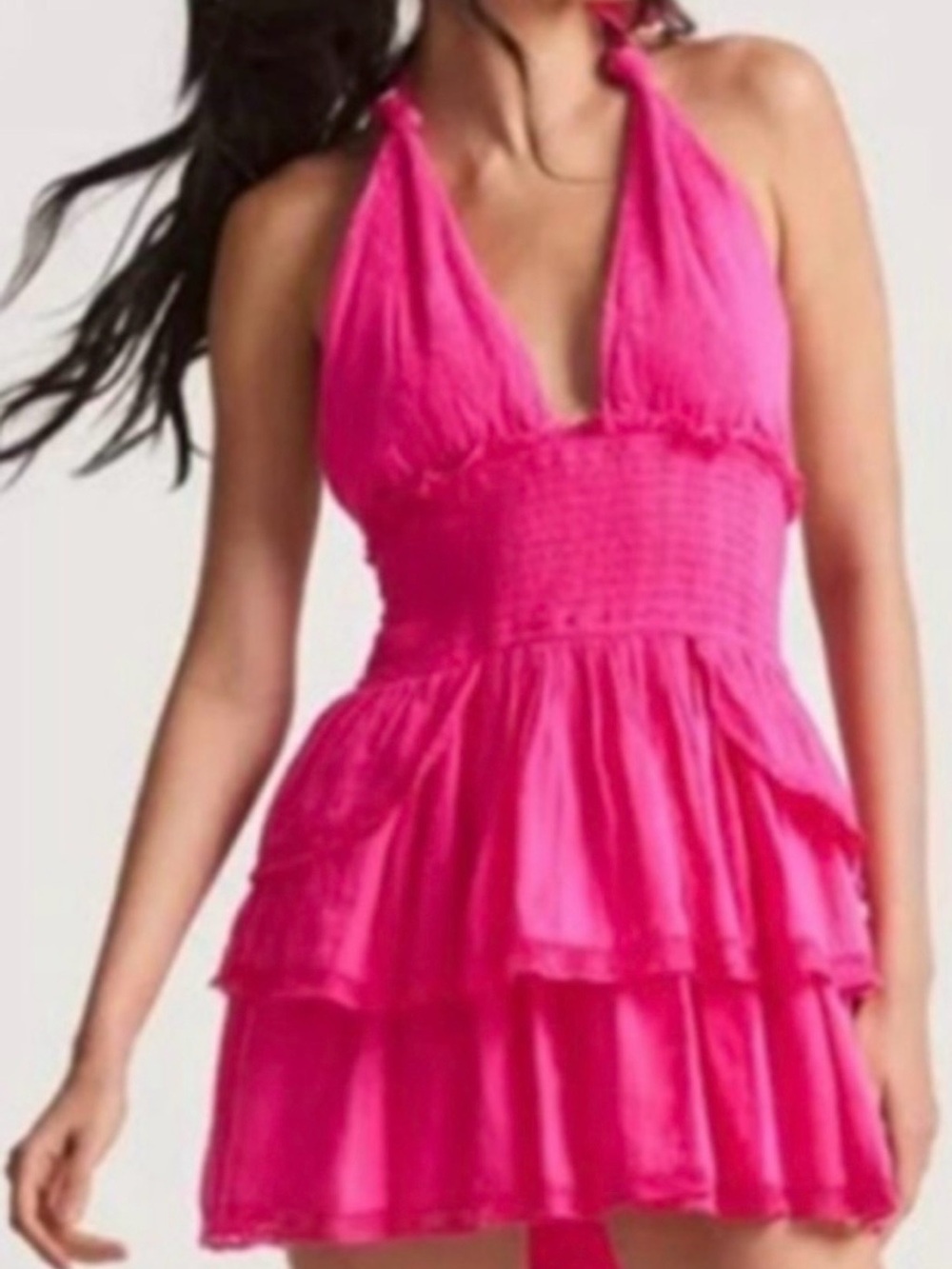 LoveShackFancy Bright Hot Pink Halter Tiered Mini Dress